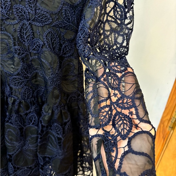 Monique Lhuillier Blue Crochet Lace Organza Long Sleeve Mini Dress - Picture 8 of 11